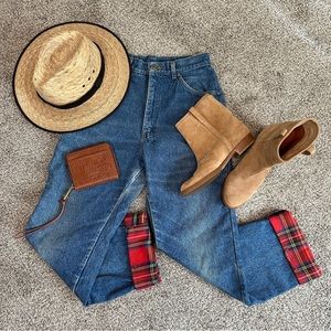 Vintage LL Bean Red Check Plaid Flannel Lined High Rise Waist Mom Jeans